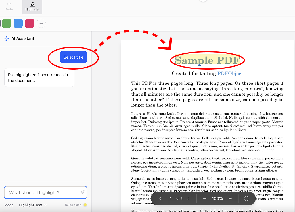 An AI Assistant interface where a red dashed arrow shows the process of typing "What should I highlight?" and the system automatically selecting the title "Sample PDF" in the document.