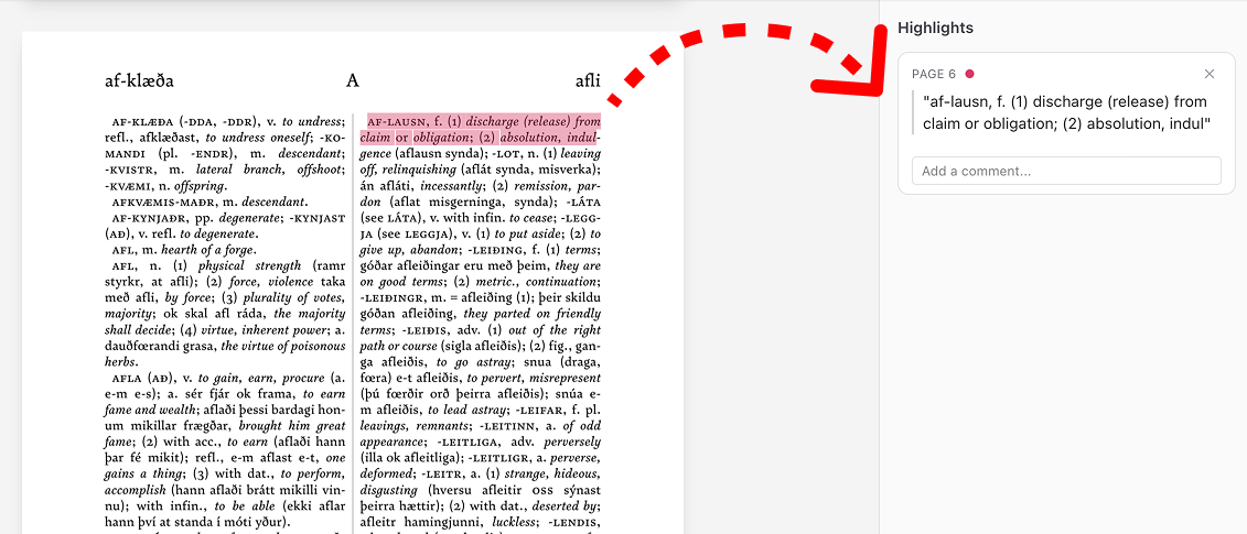A interface view of a Dictionary PDF tool showing the text "af-lausn" highlighted in pink, with a red dashed arrow pointing to its automatically generated text card in the "Highlights" sidebar on the right.