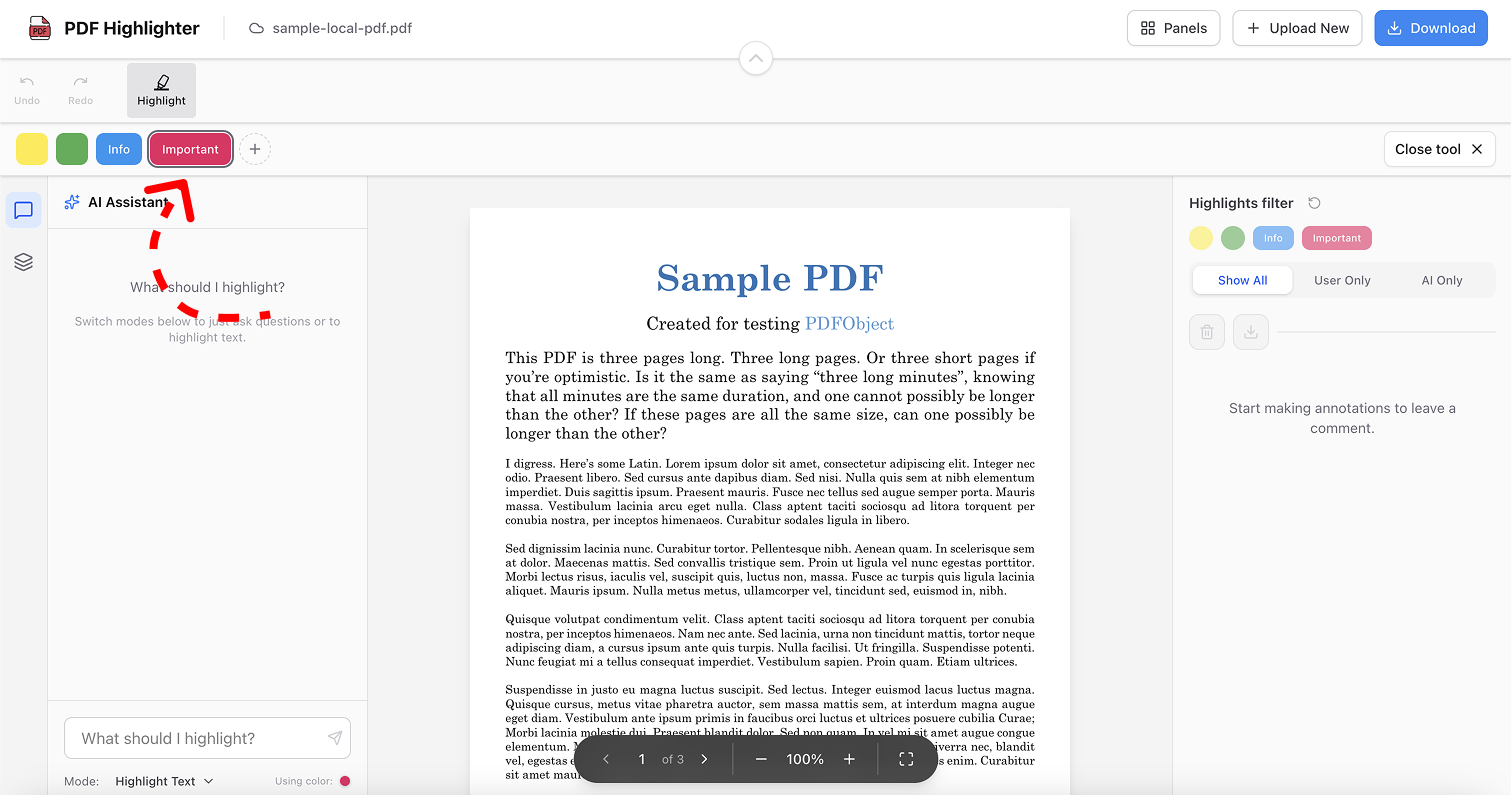 A screenshot of the PDF Highlighter interface with a red dashed arrow pointing to a pink "Important" tag being applied to a document highlight via the AI Assistant.