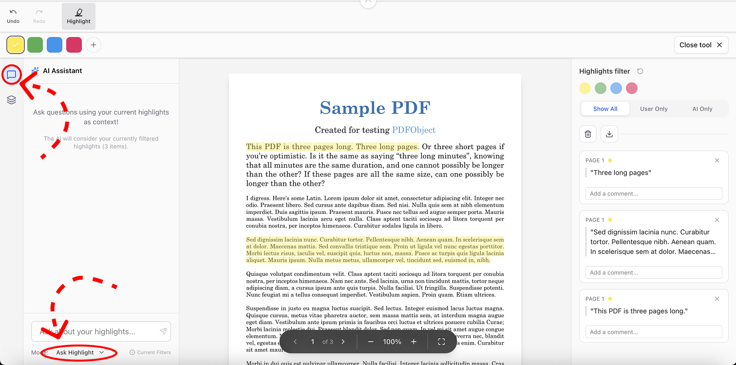 A interface screenshot showing red dashed arrows pointing to the "Ask Highlight" mode selector and the chat icon, indicating how to start a conversation based on document highlights.
