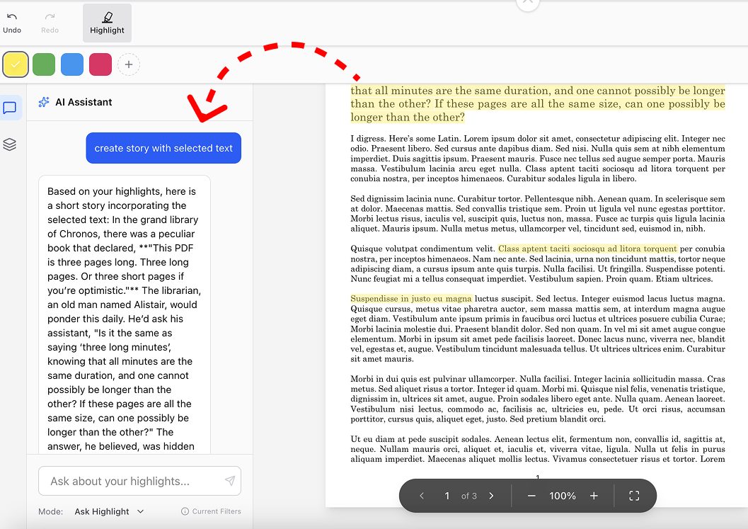 A view of a PDF reader where an AI Assistant sidebar has generated a creative story about a library based on yellow-highlighted text in the main document.