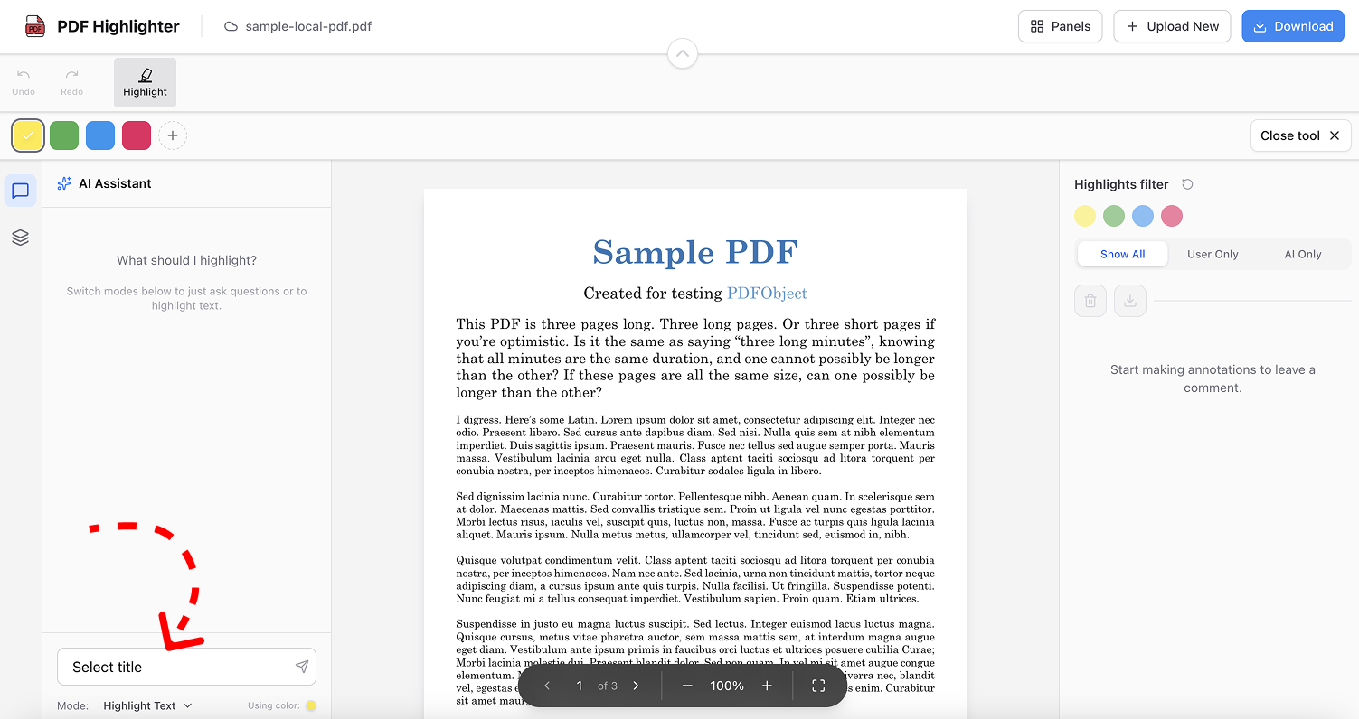 A interface screenshot of the PDF Highlighter tool showing the "Highlight Text" mode active, with a red dashed arrow pointing to the "Select title" prompt in the AI Assistant chat box.