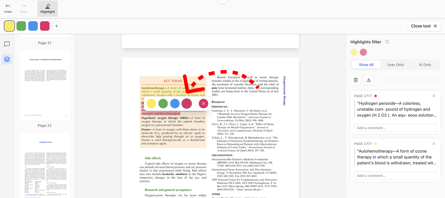 A screenshot of a medical document on "Ozone therapy" within the PDF Highlighter tool. Text for "Hydrogen peroxide" is highlighted in pink, and a red dashed arrow points from the document to a corresponding entry in the "Highlights filter" sidebar.