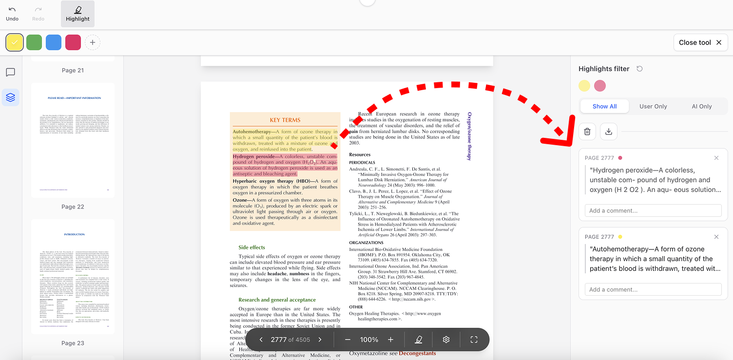 A screenshot of a professional medical research document about "Ozone therapy." Two key terms are highlighted: "Autohemotherapy" in yellow and "Hydrogen peroxide" in pink. A large red dashed arrow illustrates the automated extraction of the pink highlight into the "Highlights filter" sidebar on the right.