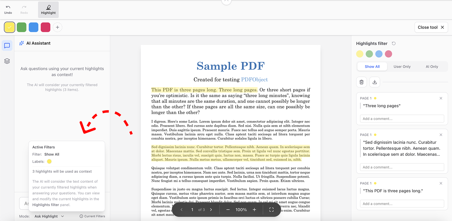 A screenshot of a PDF tool interface showing an "Active Filters" popup that explains how 3 selected highlights are being used as context for the AI Assistant