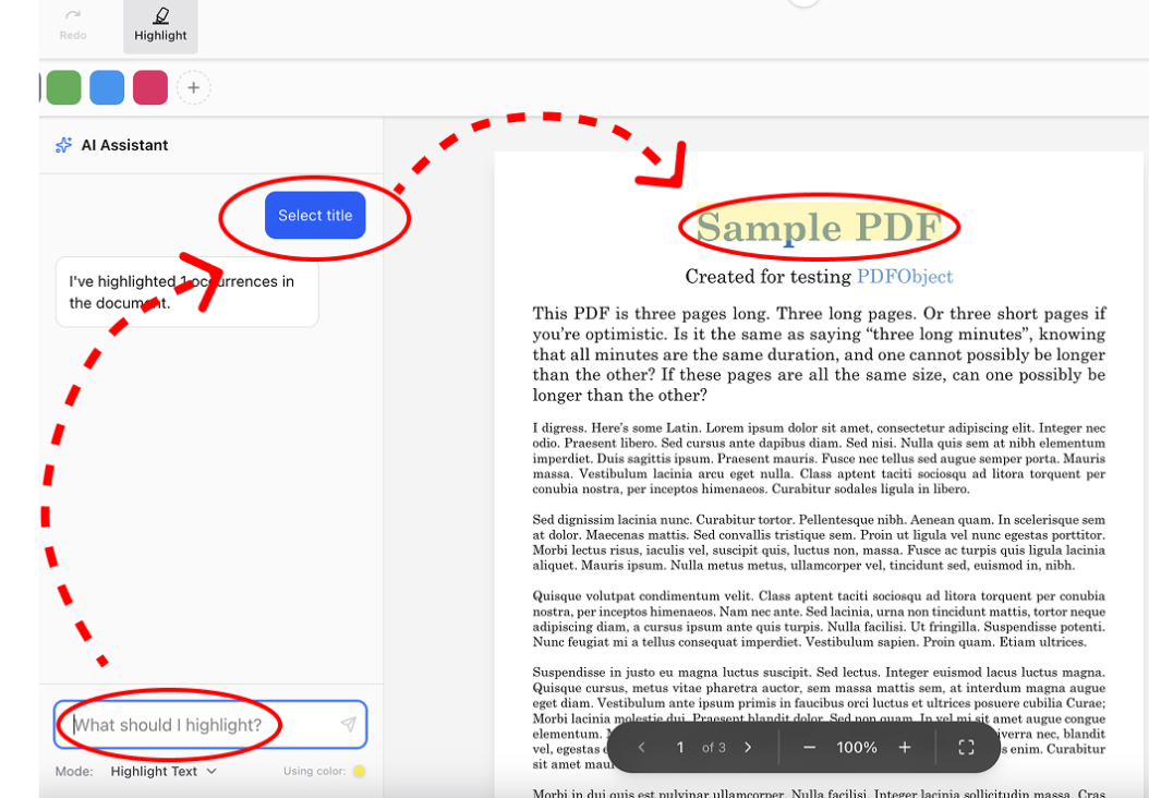 A screenshot showing an AI Assistant tool interface highlighting the text "Sample PDF" in a document based on a user prompt