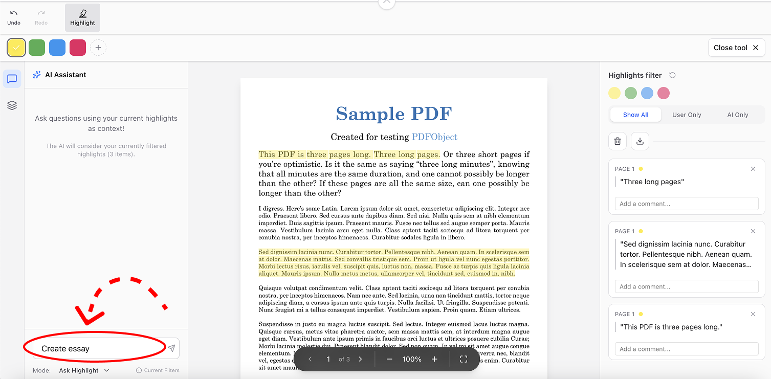 A interface screenshot showing the AI Assistant command "Create essay" with a red dashed arrow pointing to it, while a sidebar on the right displays filtered document highlights used as context.