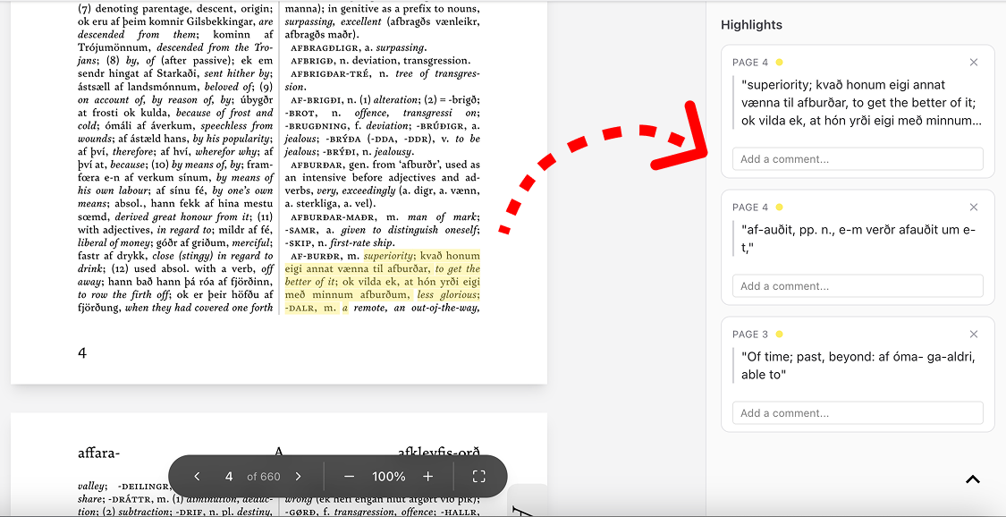 A screenshot of a dictionary PDF page featuring a yellow highlight on the term "AF-BURÐR," with a red dashed arrow pointing to its corresponding entry card in the "Highlights" sidebar.