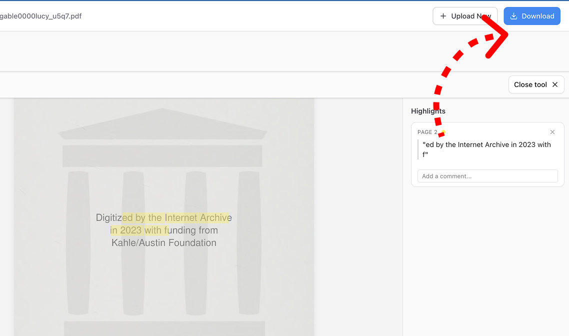 A interface screenshot of the PDF Highlighter tool with a red dashed arrow pointing to the blue "Download" button in the top right corner, above a "Highlights" sidebar.