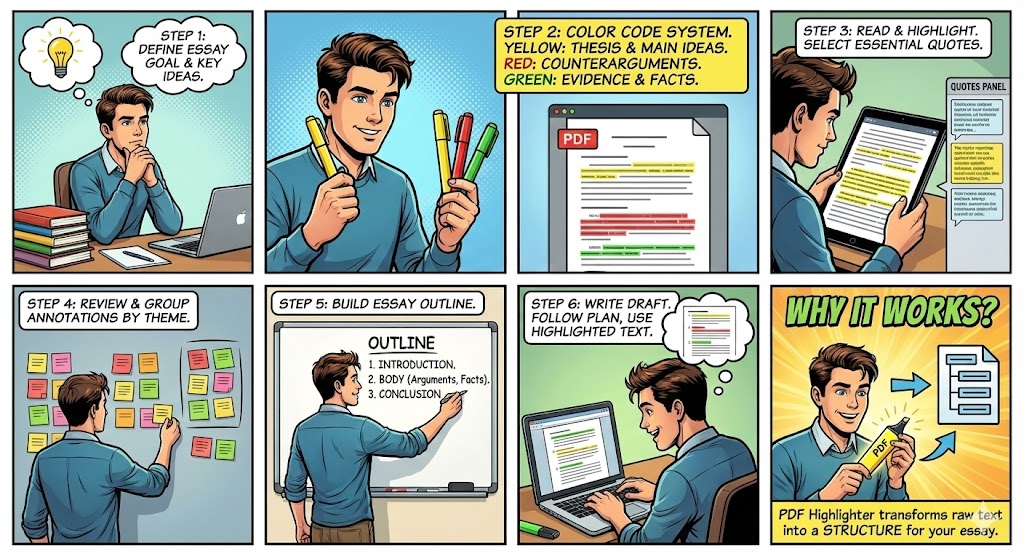 A colorful 8-panel comic strip showing a student using a PDF Highlighter tool to define ideas, color-code digital documents, review annotations, build an outline, and write a final draft.
