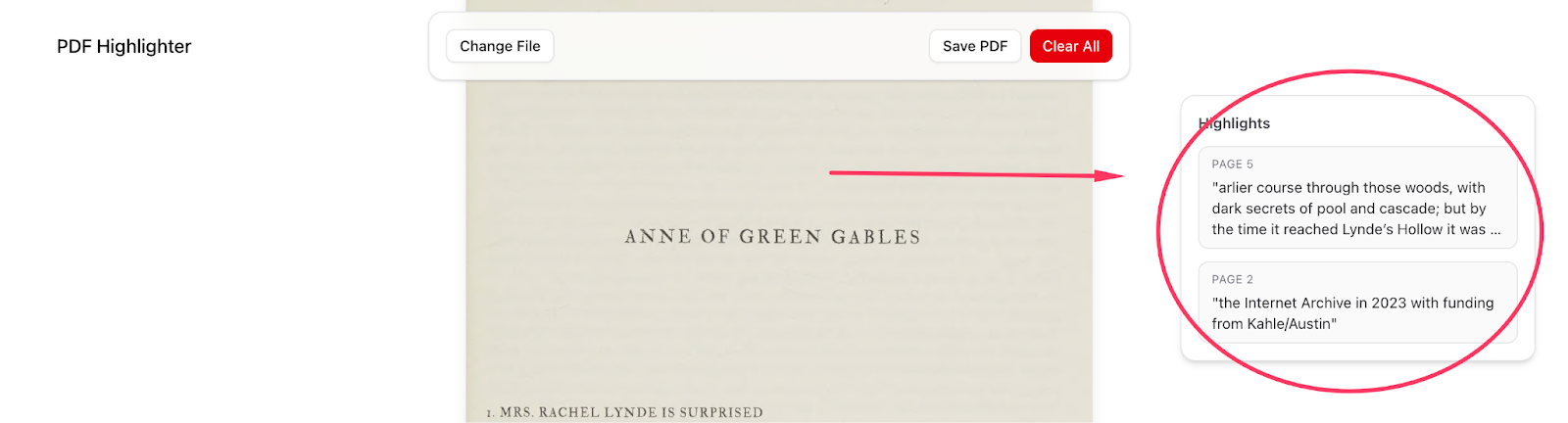 A interface view showing the title page of "Anne of Green Gables" on the left, with a red arrow pointing to a "Highlights" panel on the right containing extracted text from pages 2 and 5.