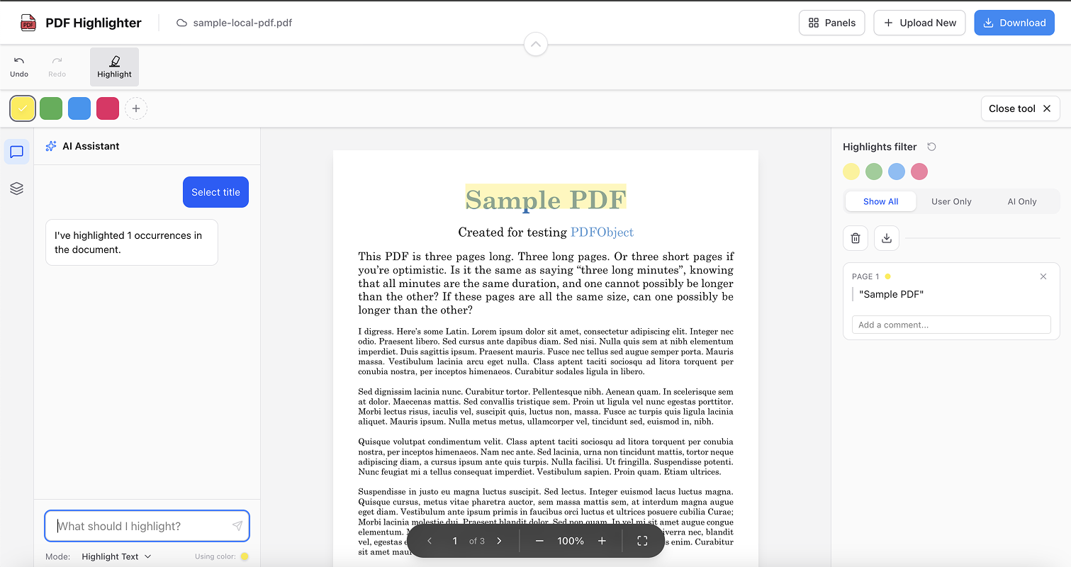 A screenshot of the PDF Highlighter application interface showing the AI Assistant successfully highlighting the document title "Sample PDF" in yellow after a user query.
