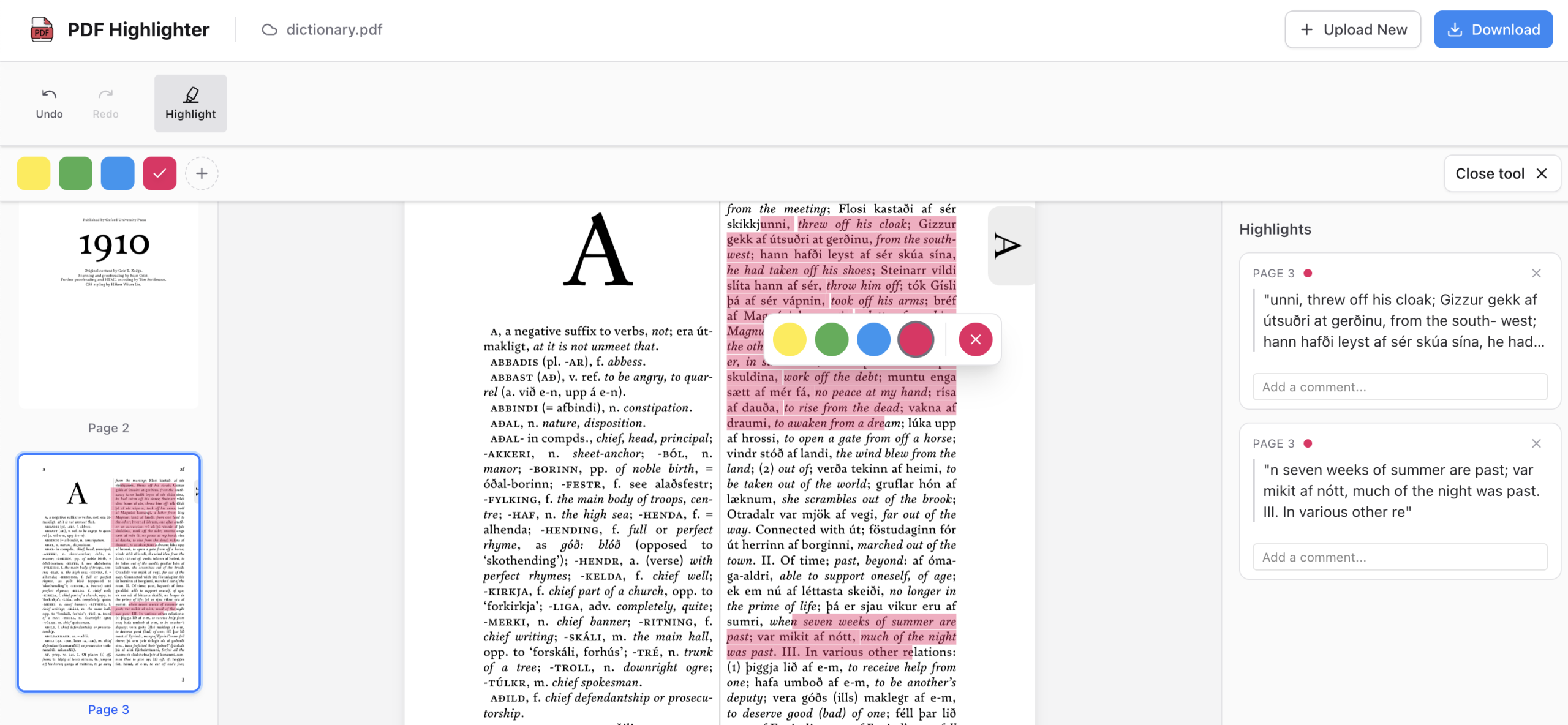 A full-screen view of the PDF Highlighter application editing a dictionary file, showing pink text highlights on page 3, a floating color palette, and extracted highlights in the right-hand sidebar.